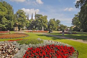 a park with flowers and a person standing in the background at Rudge House in Lichfield +7 photos