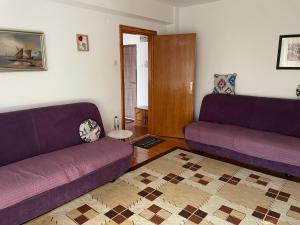 a living room with two purple couches and a table at ELENA Center Apartment in Timişoara +2 photos