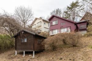 a small house and a pink house on a hill at Claude Monet ヴィンテージ那須ハイランドパーク車1分 一棟貸切 定員8名BBQ 無料Wifi in Nasu