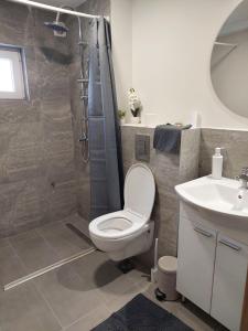 a bathroom with a toilet and a shower and a sink at Srna apartmani in Čačak +12 photos