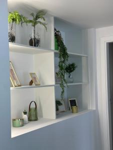 a white shelf with potted plants on it at Cantinho da Nina in Arcos de Valdevez