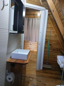 a bathroom with a sink and a shower at Chalés Snow in Urubici +40 photos