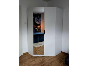 a room with a mirror in a white room at Ferienwohnung Das grüne Haus in Byhlen