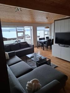 a living room with a couch and a television at Sigtun 55 in Patreksfjörður
