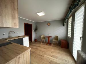 a kitchen with a table and chairs in a room at Hotel Pietrak in Trzemeszno