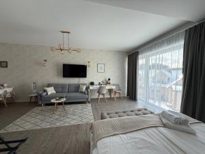 a living room with a couch and a tv at Apartamentai Ornamentai in Druskininkai