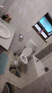 a bathroom with a toilet and a sink and a mirror at Lindas Haven in Swakopmund