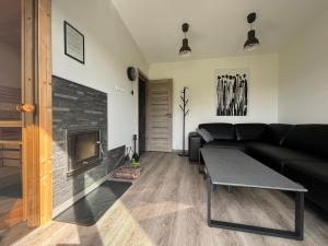a living room with a couch and a fireplace at Laumiņas in Pavasari
