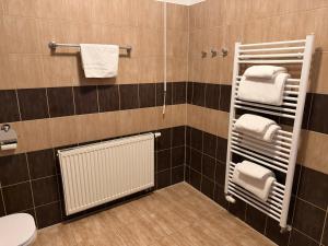 a bathroom with a toilet and towels on a wall at Hotel Palác in Olomouc +81 photos