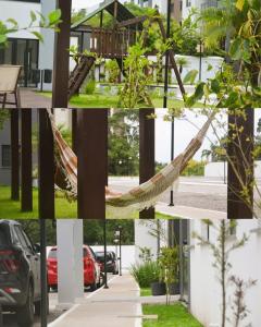 a collage of photos of a hammock in a yard at Refugio Premium 2 Quartos 1 Suite WiFi Ar e Garagem in Pelotas