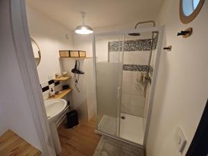 a bathroom with a shower and a toilet and a sink at Le bon accueil in Coucy
