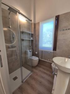 a bathroom with a shower and a toilet and a sink at Residence Villalsole in San Felice del Benaco +93 photos