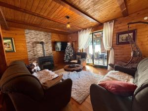 a living room with a dog laying on a couch at Mountain houses Milovanovic in Žabljak