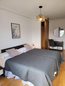 a bedroom with a large bed and a desk at Apartamento Medrano PISCINA AIRE ACONDICIONADO terraza y 5 minutos del centro en coche ideal para mascotas in Logroño