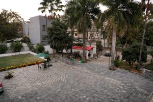 an empty courtyard with palm trees and a building at Rajbari Palace in Deoghar