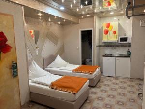 a small room with two beds and a kitchen at Central Hotel in Schwetzingen