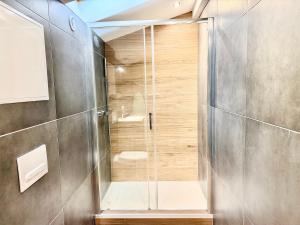a shower with a glass door in a bathroom at Thyez rue des Acacias in Thyez