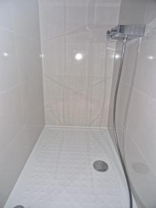 a shower stall with a white shower at Top-floor apartment for up to 3 guests in Dreieich