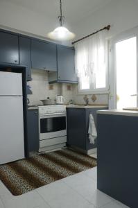 a kitchen with blue cabinets and a stove top oven at Arco In Pietra in Apolakkiá