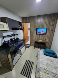 a living room with a bed and a tv on a wall at Studio Aconchegante in Lins