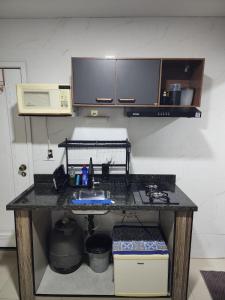 a kitchen counter with a sink and a microwave at Studio Aconchegante in Lins