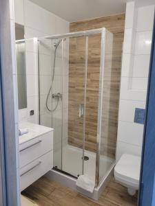 a bathroom with a shower with a sink and a toilet at Nartorama HotRest in Zieleniec +34 photos
