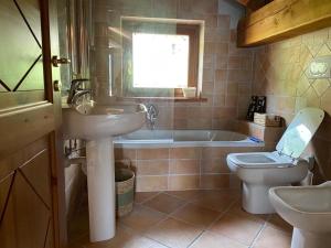 a bathroom with a sink and a toilet and a tub at Beautiful chalet accommodation with covered parking in Cianfuran +32 photos