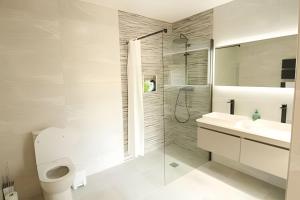 a bathroom with a shower and a toilet and a sink at The Old Post Office Holiday Home, Dunmore in Galway