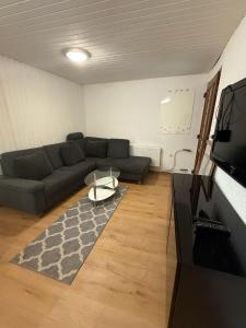 a living room with a couch and a table at Pension Asel in Wörth am Rhein