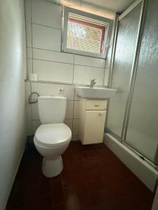 a small bathroom with a toilet and a sink at Pension Asel in Wörth am Rhein +5 photos