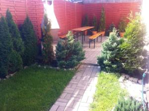 a patio with trees and a table in a garden at Noclegi Ściegiennego in Sosnowiec