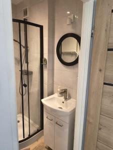 a bathroom with a sink and a shower at Apartament w Biłgoraju in Biłgoraj