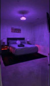 a bedroom with a bed in a purple room at The 513 Flat! 1BR, 1Bath Apt with Pool and Riverfront View! Free Gated Parking! Only Steps from The banks & Stadiums! in Cincinnati