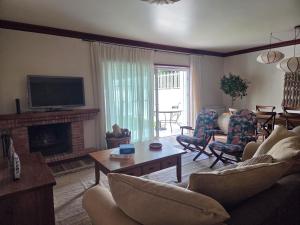 a living room with a couch and a tv and a fireplace at Villa Casa do Canal in Apúlia