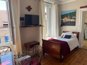 a bedroom with a bed and a tv and windows at La glacière in Périgueux