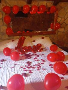 a bed with red balloons and flowers on it at Kalavrita Mons in Kalavrita