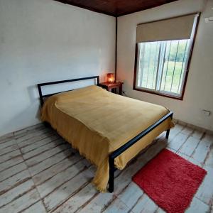 a bedroom with a bed and a window and a red rug at Entre Tanto in Luyaba