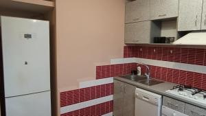 a small kitchen with red tiles on the wall at Home for you in Ternopil