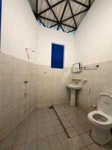 a bathroom with a toilet and a blue window at Peacock grand resort in Kataragama