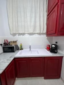 a kitchen with red cabinets and a white sink at Casa Shala in Tunis +4 photos