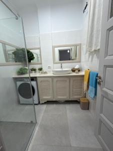 a bathroom with a sink and a glass shower at Casa Shala in Tunis