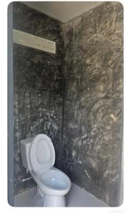 a bathroom with a toilet and a stone wall at Namosototie in Ranong