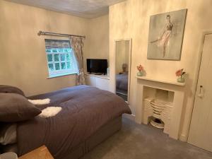 a bedroom with a bed and a fireplace and a television at West Cottage, Free Breakfast supplied with free range eggs With log burner in Towton