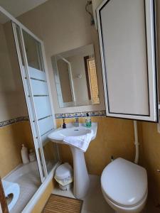 a bathroom with a sink and a toilet and a mirror at O Parrandeiro in Padrón