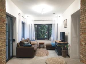 a living room with a couch and a tv at Tóparti Idill Vendégház in Kisszékely