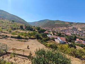 a small village on a hill with mountains in the background at Vila Topalli in Pogradec +55 photos