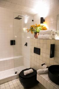 a bathroom with a toilet and a sink and a shower at Casa JuliAna in Mexico City +86 photos