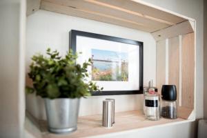 a bathroom mirror with a potted plant on a shelf at Glückskind in Neukieritzsch