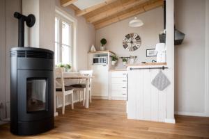 a living room with a fireplace and a kitchen at Kleine SeenSucht in Neukieritzsch