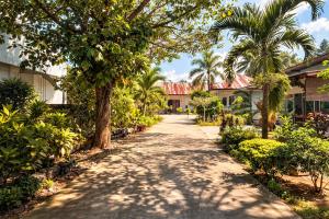 a road with palm trees and houses in the background at Cahaya Adrian Hotel in Labuan Bajo